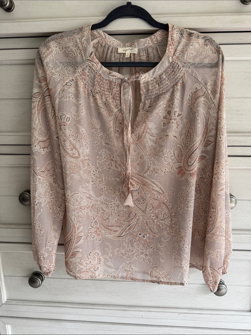 Mystree Light Beige/Pink Paisley Peasant Blouse with Tassel Tie SZ Medium